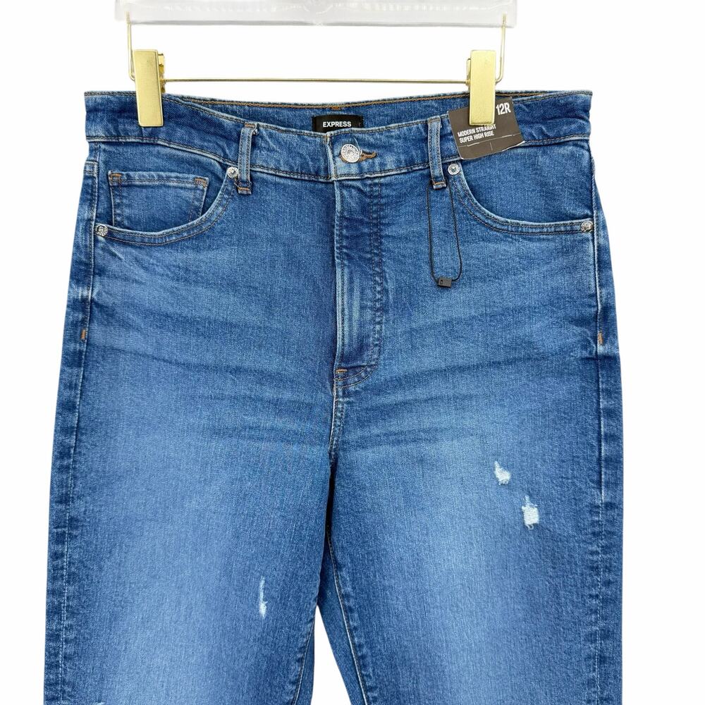 Express NWT 12 Regular Modern Straight Super High Rise Distressed Everyday Jeans - Picture 3 of 8
